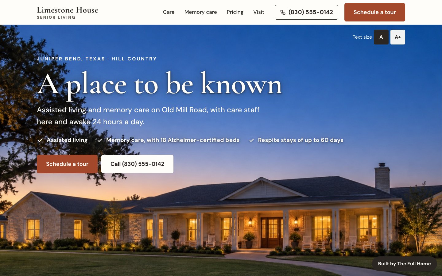 The home page of the Wrenfield Court demo site on a laptop: a photo of the community at dusk, its phone number and a Schedule a tour button.