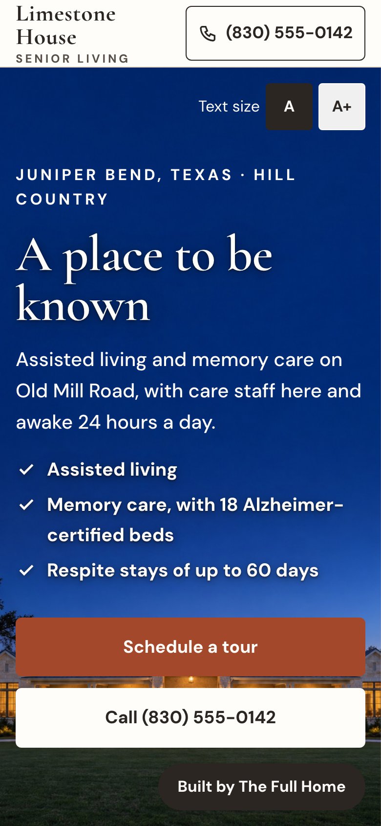 The same demo site on a phone, with a Schedule a tour button and a Call button.